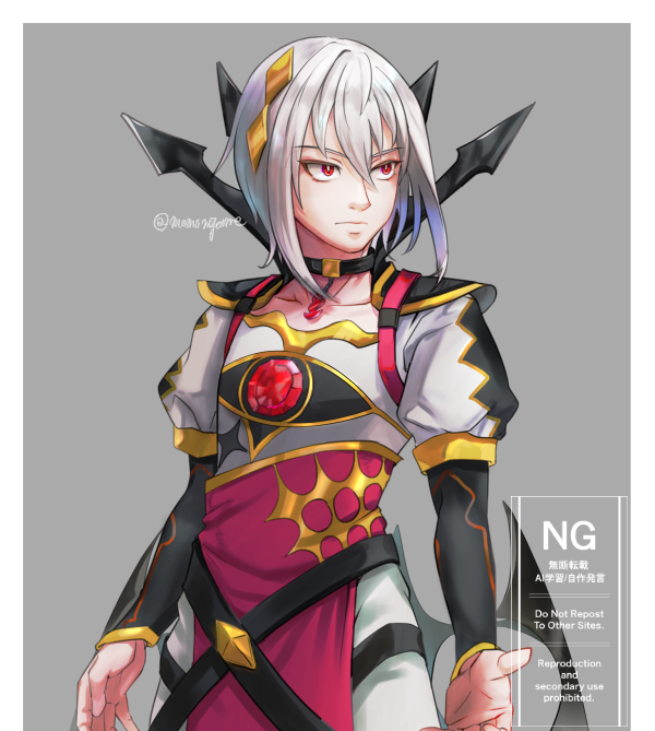 1boy armor dragon dragon_boy fire_emblem fire_emblem_engage gem grey_background hair_ornament looking_to_the_side momongame_17 nintendo rafal_(fire_emblem) red_eyes shirt shoulder_armor simple_background white_hair white_shirt