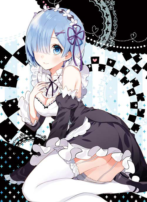 10s 1girl apron black_shoes blue_eyes blue_hair breasts cleavage collar detached_collar detached_sleeves dress female_focus flower frilled_collar frilled_dress frills garter_straps hair_flower hair_ornament hair_over_one_eye hair_ribbon hand_on_own_chest large_breasts looking_at_viewer lying maid maid_headdress mary_janes matching_hair/eyes on_side puffy_sleeves purple_ribbon re:zero_kara_hajimeru_isekai_seikatsu rem_(re:zero) ribbon shoes short_hair solo thighhighs thighs waist_apron white_flower white_thighhighs x_hair_ornament yuzuki_kihiro