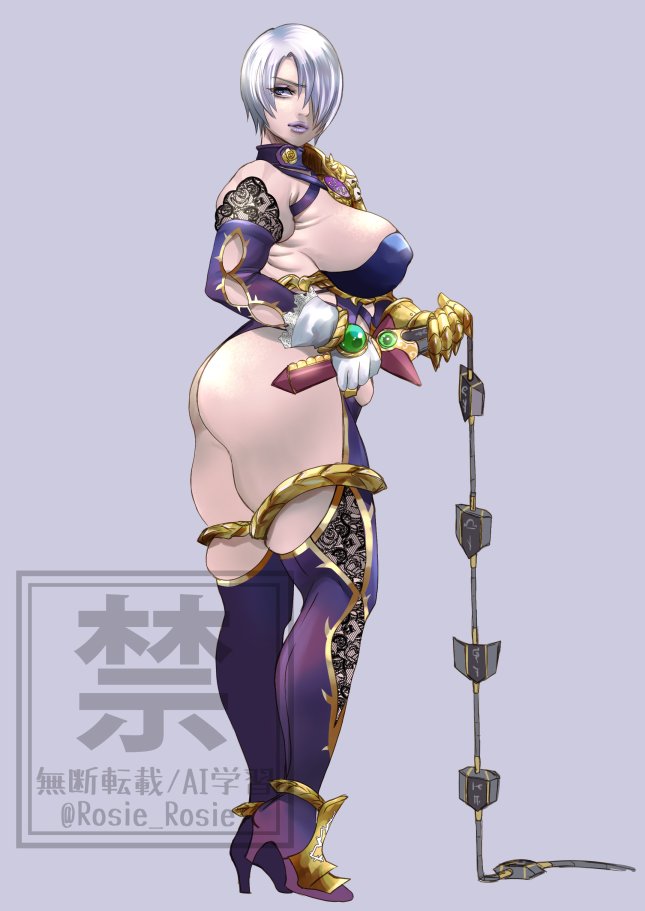 1girl ass breasts full_body grey_hair holding holding_sword holding_weapon holding_whip isabella_valentine large_breasts nipples purple_lips rosie_rosie short_hair shoulder_pads solo_focus soul_calibur sword twitter_username watermark weapon zoom_layer