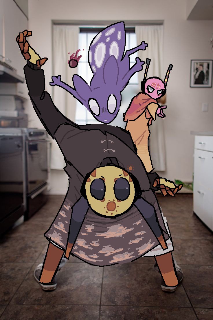 1boy 1other androgynous angry black_eyes blood brown_cape brown_cloak cape circle_facial_mark cloak colored_skin commentary creature derivative_work english_commentary facial_mark forehead_mark humanoid_robot iterator_(rain_world) kitchen man_dodging_a_kettle_(meme) marking_on_cheek meme monster o_o pearl_(rain_world) photo_(object) photo_inset pink_skin purple_fur qwiznoes rain_world red_cape robot robot_ears screenshot_redraw shorts slugcat throwing white_eyes white_shorts window yellow_cloak yellow_skin