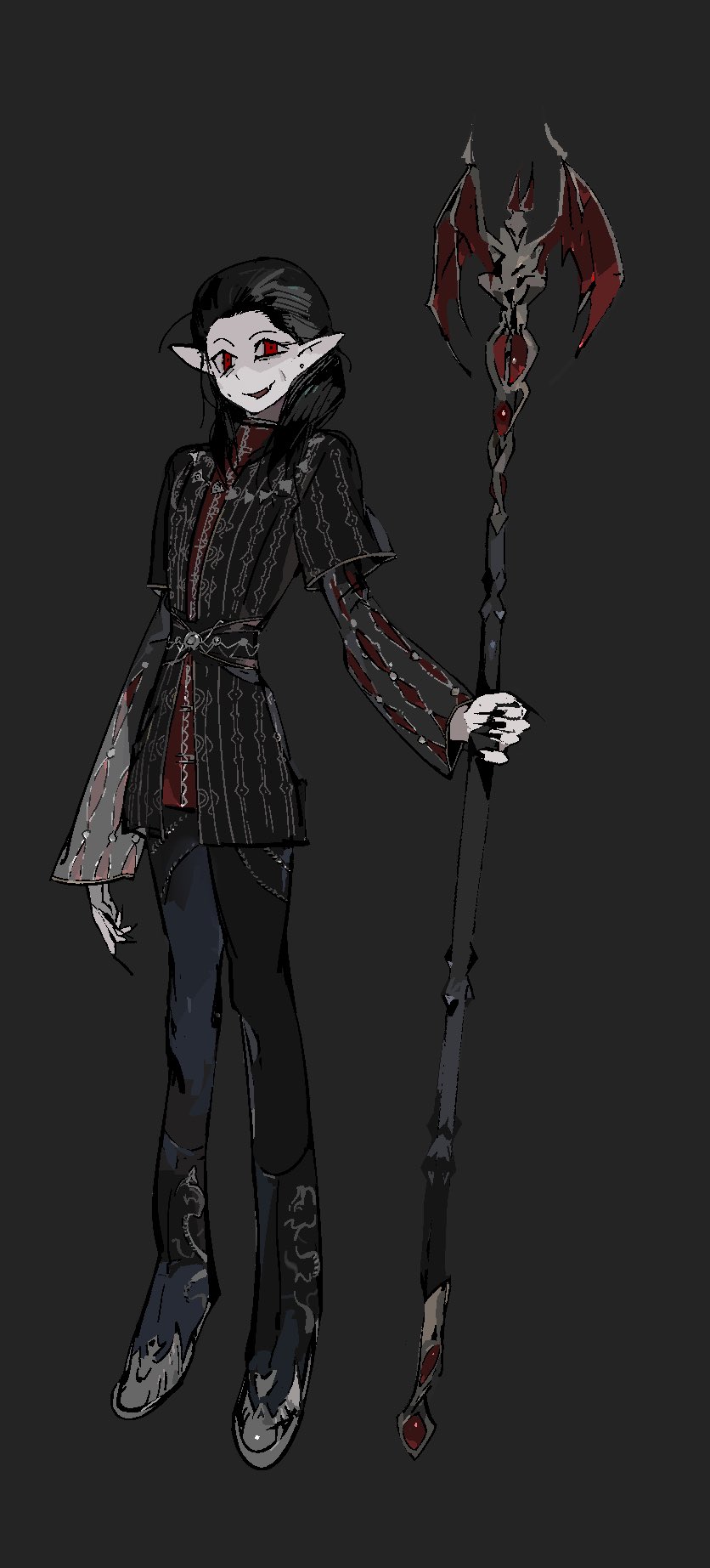 1boy baldur&#039;s_gate baldur&#039;s_gate_3 black_hair black_nails cazador_szarr dungeons_&amp;_dragons dungeons_&amp;_dragons earrings fang fingernails full_body grey_background hair_slicked_back highres jewelry layered_sleeves long_fingernails long_hair pale_skin pointy_ears red_eyes sash solo staff vampire vihua6