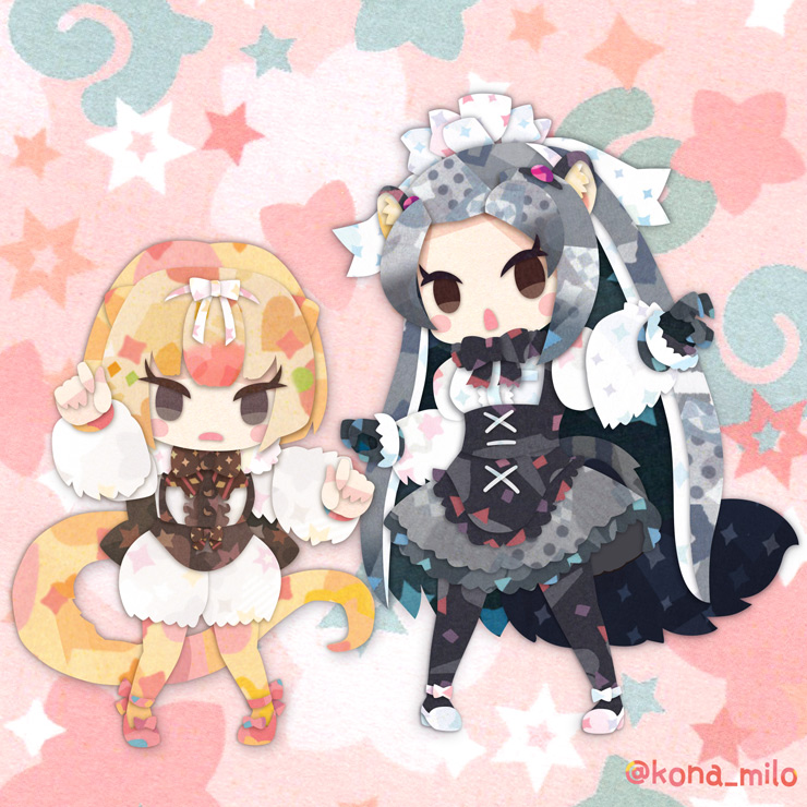 2girls animal_ears anteater_ears anteater_tail black_hair blonde_hair blush bow bowtie brown_eyes fur_collar giant_anteater_(kemono_friends) gloves grey_hair hair_bow hair_ornament kemono_friends kemono_friends_3 kikuchi_milo long_hair long_sleeves looking_at_viewer multicolored_hair multiple_girls open_mouth ribbon shirt short_hair silky_anteater_(kemono_friends) skirt standing tail twitter_username very_long_hair white_hair
