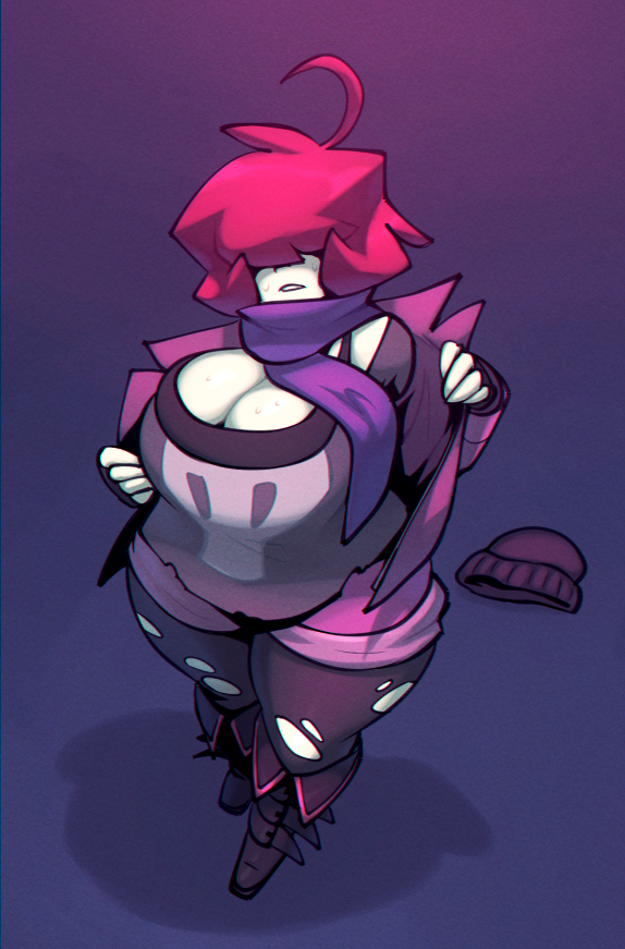 1girl ahoge bigdad bra breasts cleavage clothes_on_floor commentary covered_eyes english_commentary fingerless_gloves fold-over_boots full_body gazlene_membrane gloves goth_fashion hair_over_eyes hand_up hat huge_breasts invader_zim pantyhose pantyhose_under_shorts parted_lips pink_hair purple_scarf removing_jacket scarf shadow shirt short_hair shorts simple_background skull_print solo standing sweat thick_thighs thighs torn_clothes torn_pantyhose underwear