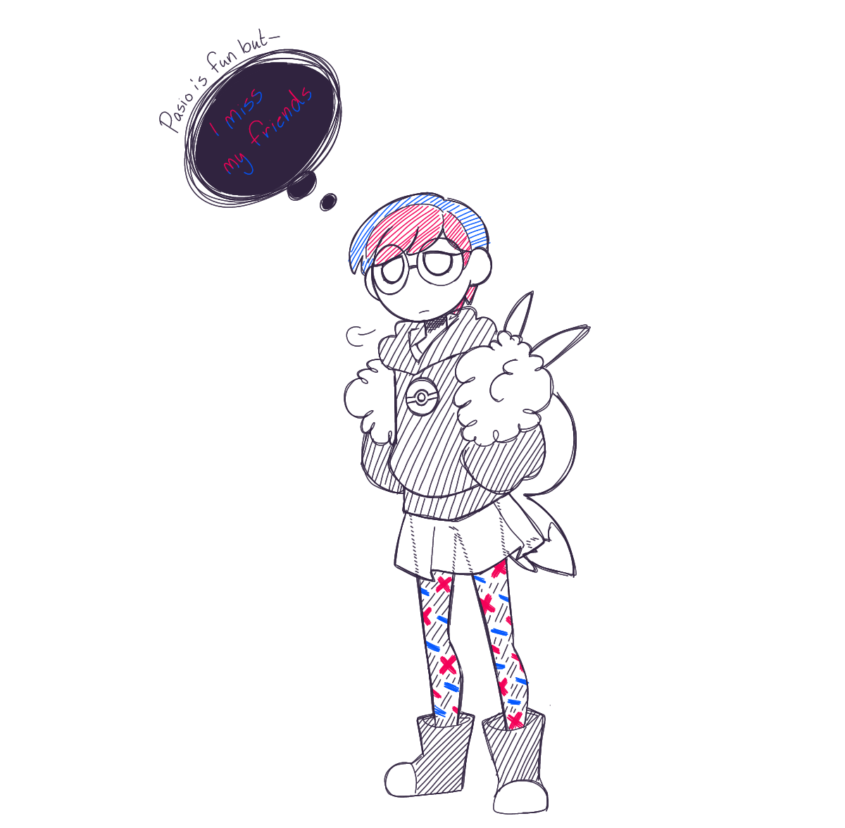 1girl blue_hair boots closed_mouth commentary eevee_backpack english_commentary english_text full_body glasses hatching_(texture) hood hood_down hoodie lmg_artistocat multicolored_hair nintendo pantyhose penny_(pokemon) poke_ball_print pokemon pokemon_sv print_pantyhose red_hair round_eyewear see-through_clothes see-through_skirt short_hair simple_background skirt solo speech_bubble spot_color standing thought_bubble two-tone_hair very_short_hair white_background