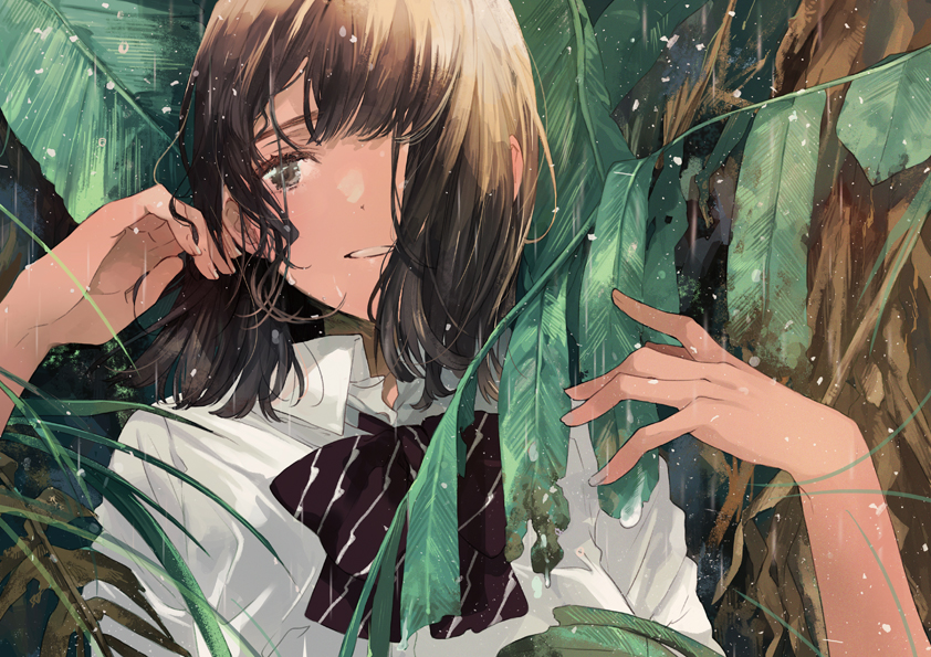 1girl :d black_bow black_bowtie blush bow bowtie brown_hair collared_shirt female_focus fingernails fly_333 green_eyes hair_over_one_eye leaf looking_away looking_to_the_side messy_hair mud musaceae open_mouth original outdoors plant rain shirt short_hair short_sleeves sketch smile solo striped_bow striped_bowtie striped_clothes striped_neckwear upper_body water water_drop wet wet_clothes wet_hair wet_shirt white_shirt