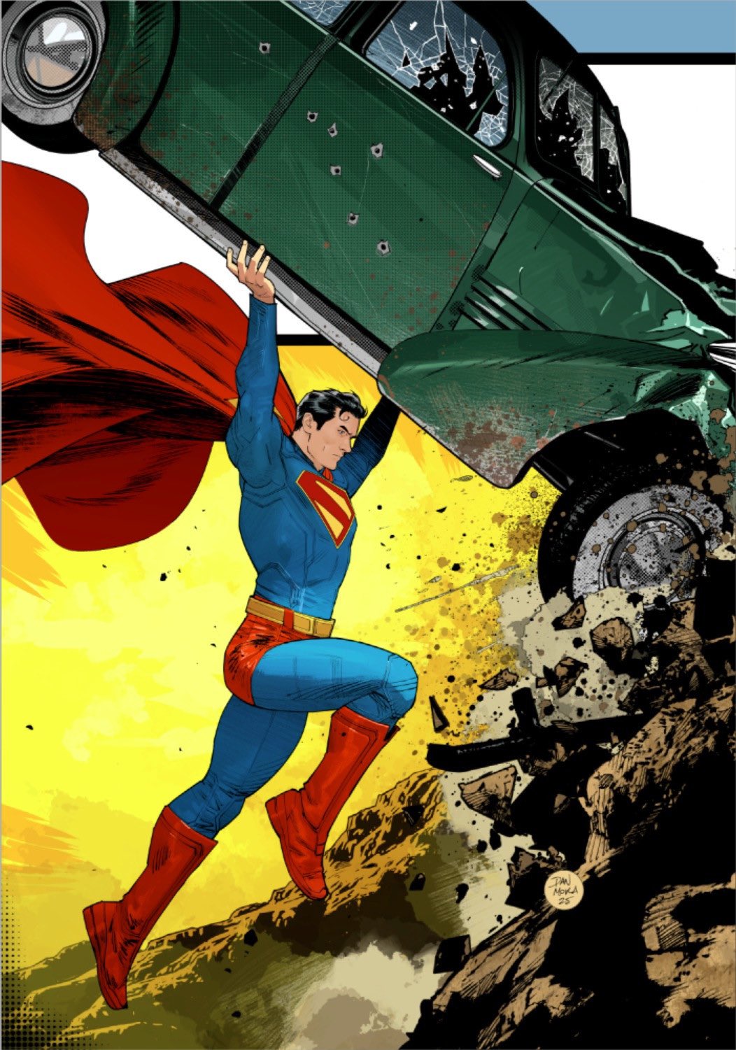 1boy black_hair blue_bodysuit bodysuit boots broken_glass bullet_hole cape car dan_mora dc_comics debris glass green_car highres lifting_vehicle male_underwear motor_vehicle print_bodysuit red_boots red_cape red_male_underwear short_hair solo superhero_costume superman superman_(series) superman_logo underwear wreckage