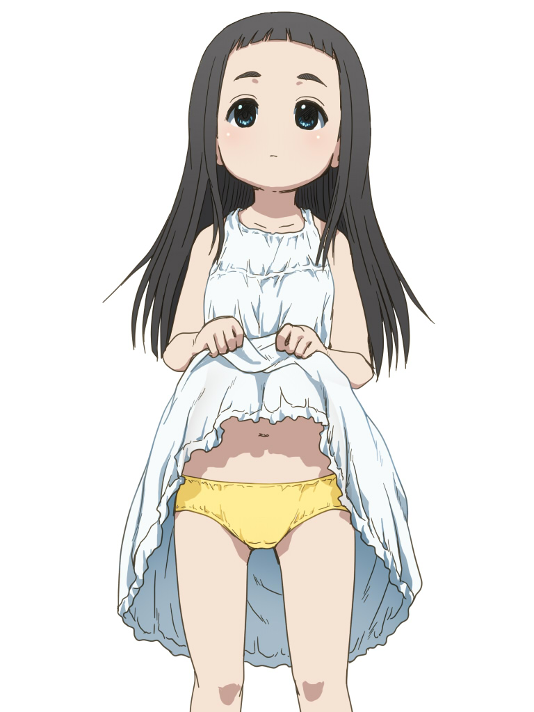 1girl awa black_hair blue_eyes closed_mouth clothes_lift collarbone dress goto_hime kakushigoto long_hair navel panties simple_background skirt skirt_lift solo underwear white_background white_dress yellow_panties