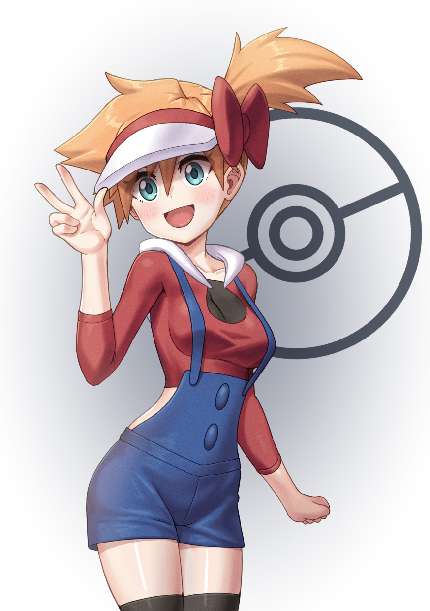 1girl :d asymmetrical_hair black_thighhighs blue_eyes blush bow breasts buttons cosplay cowboy_shot els_(ljhlee12) eyelashes green_eyes hair_between_eyes hand_up hat highres hood long_sleeves looking_at_viewer lyra_(pokemon) lyra_(pokemon)_(cosplay) misty_(pokemon) nintendo open_mouth orange_hair overalls pokemon pokemon_(anime) pokemon_(classic_anime) pokemon_hgss ponytail red_bow red_shirt shirt short_hair short_shorts shorts side_ponytail simple_background smile solo suspenders thighhighs thighs tongue v visor_cap w