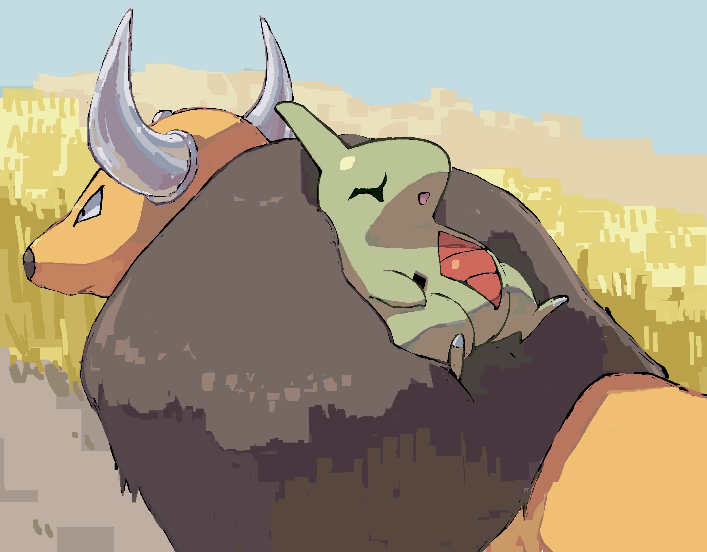 bishamon_(usagi_ba) brown_fur closed_eyes closed_mouth colored_skin commentary gen_1_pokemon gen_2_pokemon green_skin highres horns larvitar looking_ahead lying lying_on_another nintendo no_humans on_back open_mouth pokemon pokemon_(creature) sleeping symbol-only_commentary tauros