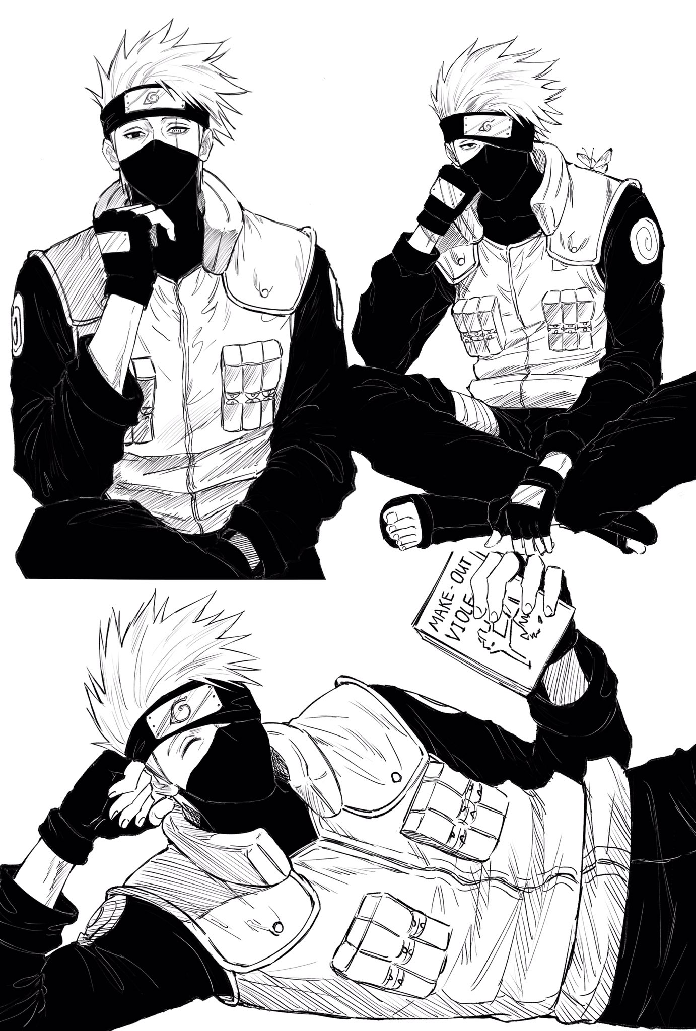 1boy book bug butterfly fingerless_gloves gloves greyscale hatake_kakashi headband heterochromia highres insect male_focus mask monochrome mouth_mask naruto_(series) ninja_mask sandals scar scar_across_eye scar_on_face sitting sso_s toes vest