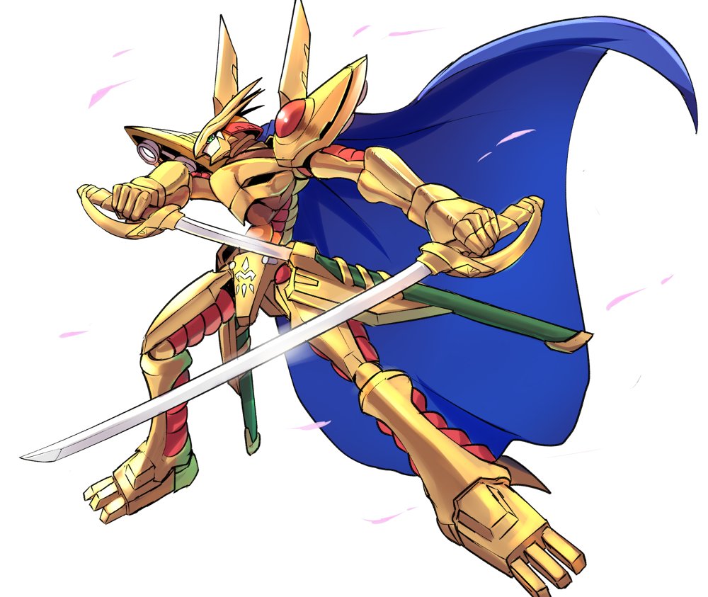 cape crests_(digimon) digimon digimon_(creature) grademon green_eyes solo sword weapon