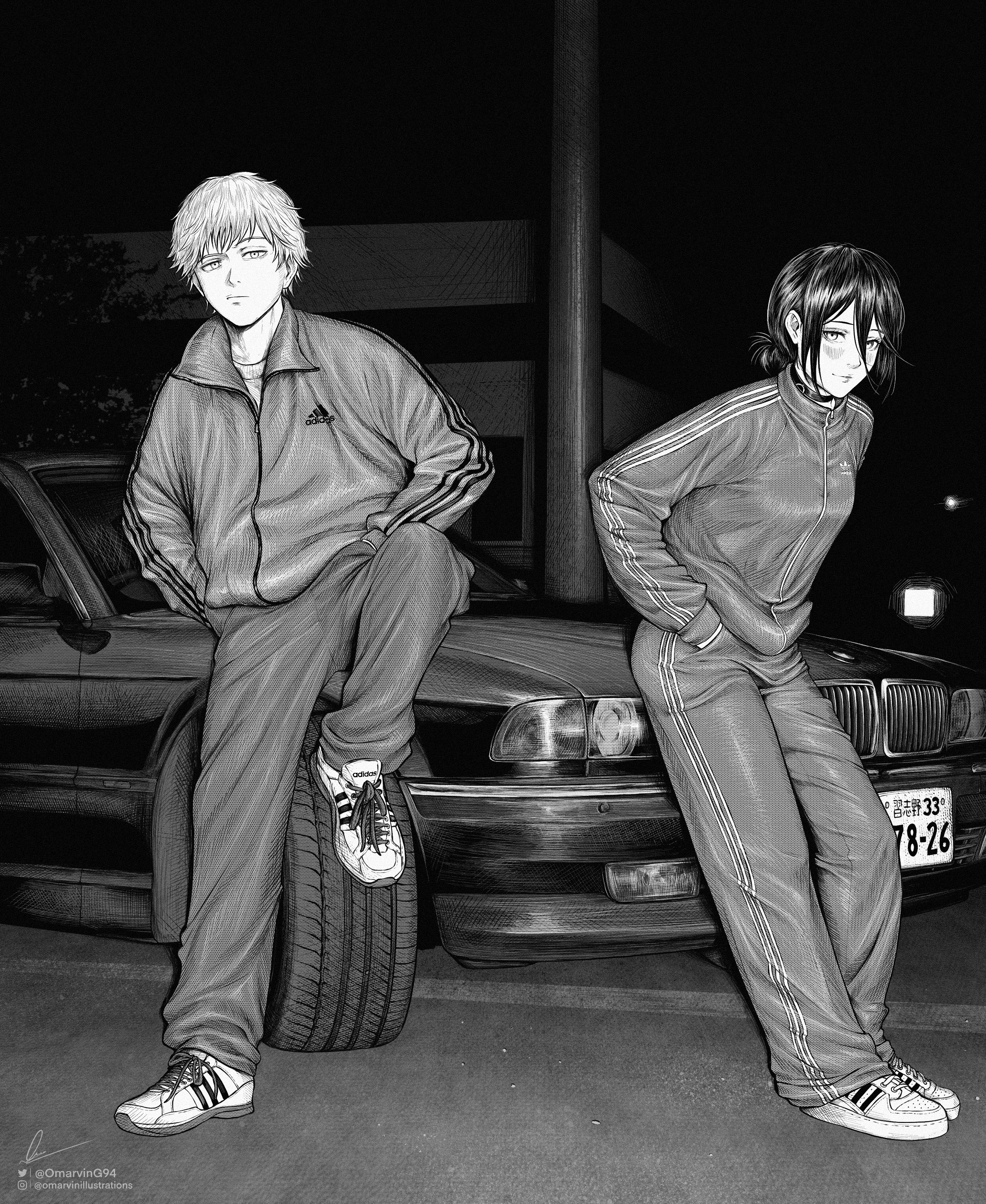 1boy 1girl absurdres black_choker black_hair car chainsaw_man choker denji_(chainsaw_man) greyscale hair_between_eyes highres instagram_logo instagram_username license_plate long_sleeves looking_at_viewer marvin_(omarvin) monochrome motor_vehicle night night_sky on_car outdoors reze_(chainsaw_man) shoes short_hair signature sky sneakers twitter_logo twitter_username white_shoes
