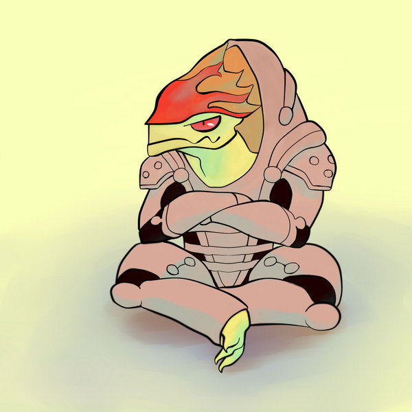 1boy alien armor colored_sclera crossed_arms image_sample krogan mass_effect_(series) mass_effect_1 pixiv_sample red_sclera resized sitting slit_pupils urdnot_wrex