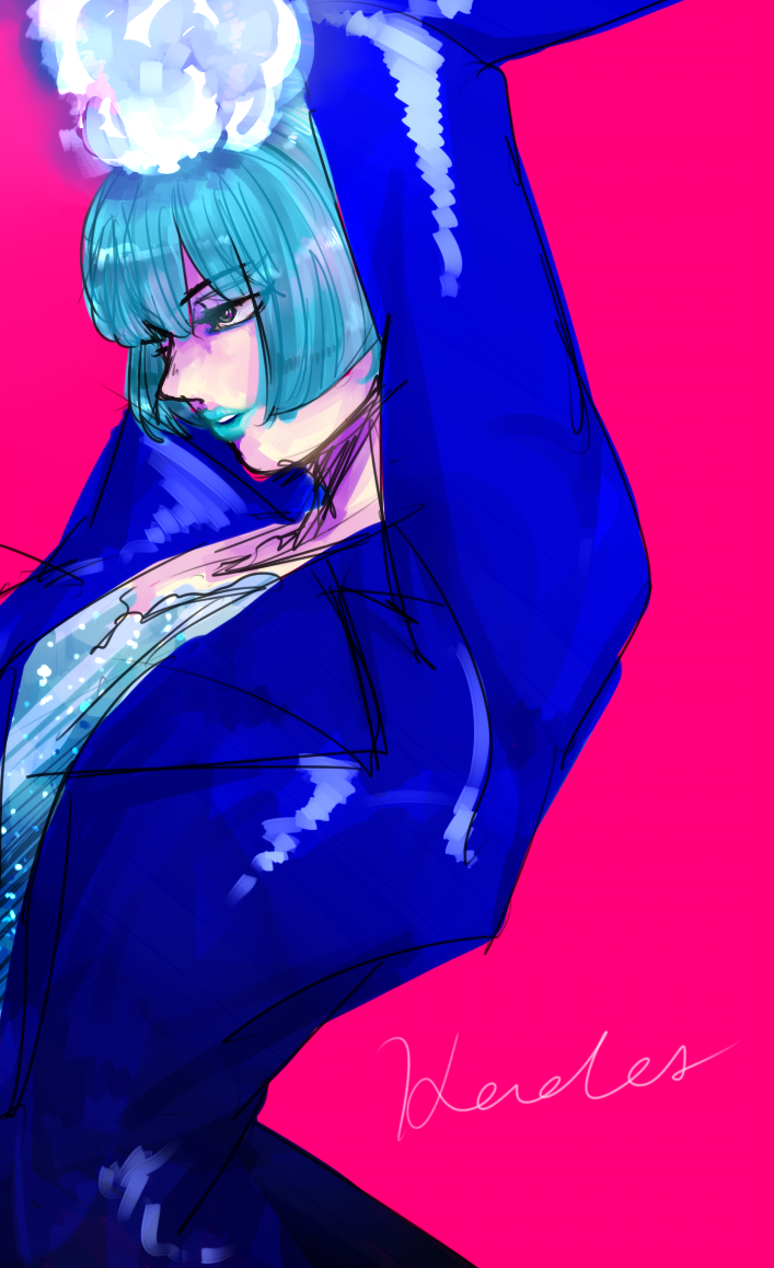 1girl ancient_greek_clothes animification blue_fire blue_hair blue_lips character_name disneyland fiery_hair fire formal_clothes gloves greco-roman_clothes himation lipstick long_sleeves makeup ms._hades short_hair simple_background solo suit syuga-12