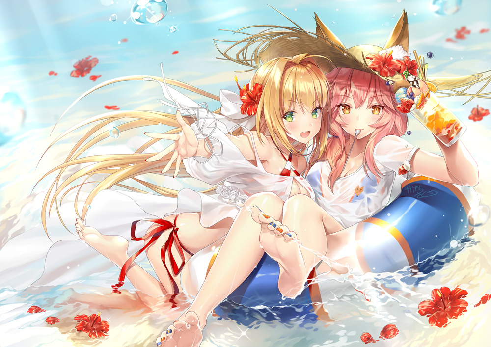 2girls :d ahoge animal_ear_fluff animal_ears bad_feet bad_id bad_pixiv_id bikini bikini_under_clothes blonde_hair blue_bikini blush breasts cleavage criss-cross_halter cup day earrings ears_through_headwear fate/grand_order fate_(series) flower fox_ears fox_tail green_eyes hair_intakes halterneck hat hibiscus holding holding_cup innertube jewelry kagachi_saku large_breasts long_hair looking_at_viewer mouth_hold multicolored_nails multiple_girls nail_polish nero_claudius_(fate) nero_claudius_(swimsuit_caster)_(fate) nero_claudius_(swimsuit_caster)_(third_ascension)_(fate) open_mouth outdoors pink_hair side-tie_bikini_bottom smile straw_hat striped_bikini striped_clothes sun_hat swim_ring swimsuit tail tamamo_(fate) tamamo_no_mae_(fate/extra) tamamo_no_mae_(swimsuit_lancer)_(fate) tamamo_no_mae_(swimsuit_lancer)_(second_ascension)_(fate) toenail_polish toenails tropical_drink twintails utensil_in_mouth wet yellow_eyes
