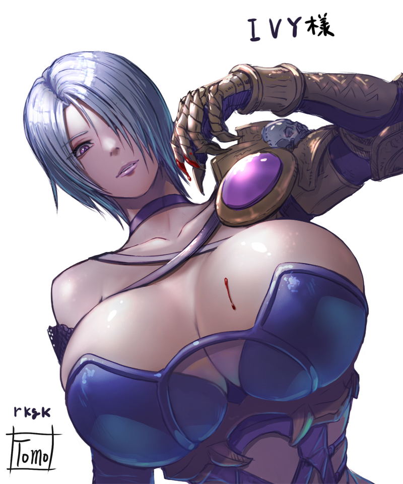 1girl blood blood_on_breasts breasts gauntlets hair_over_one_eye huge_breasts isabella_valentine purple_eyes revealing_clothes short_hair single_gauntlet solo soul_calibur soulcalibur soulcalibur_vi tomo_eokaiteru upper_body white_hair