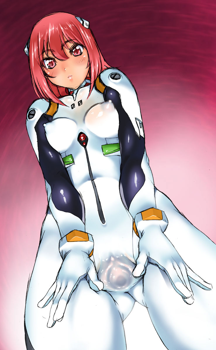 cosplay highres kamia_(not_found) mecha_pilot_suit neon_genesis_evangelion nipples plugsuit_(cosplay) plugsuit_(evangelion) puffy_nipples pussy red_eyes red_hair see-through_clothes skin_tight spread_pussy spread_pussy_under_clothes through_clothes