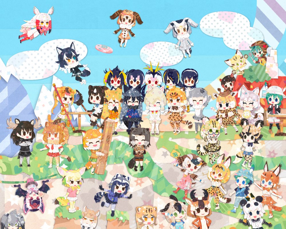 1boy 6+girls african_wild_dog_(kemono_friends) alpaca_suri_(kemono_friends) american_beaver_(kemono_friends) animal_ears bird_girl bird_tail bird_wings black-tailed_prairie_dog_(kemono_friends) black_hair blonde_hair blue_sky brown_bear_(kemono_friends) brown_hair caracal_(kemono_friends) cheetah_(kemono_friends) common_raccoon_(kemono_friends) common_vampire_bat_(kemono_friends) dog_(mixed_breed)_(kemono_friends) emperor_penguin_(kemono_friends) eurasian_eagle_owl_(kemono_friends) extra_ears ezo_red_fox_(kemono_friends) feathered_wings fennec_(kemono_friends) gentoo_penguin_(kemono_friends) giant_panda_(kemono_friends) golden_snub-nosed_monkey_(kemono_friends) greater_roadrunner_(kemono_friends) green_hair grey_hair grey_wolf_(kemono_friends) head_wings hippopotamus_(kemono_friends) humboldt_penguin_(kemono_friends) jaguar_(kemono_friends) japanese_crested_ibis_(kemono_friends) kaban_(kemono_friends) kemono_friends kikuchi_milo kyururu_(kemono_friends) lion_(kemono_friends) long_hair margay_(kemono_friends) moose_(kemono_friends) multiple_girls northern_white-faced_owl_(kemono_friends) orange_hair outdoors pink_hair pronghorn_(kemono_friends) reticulated_giraffe_(kemono_friends) rockhopper_penguin_(kemono_friends) royal_penguin_(kemono_friends) sand_cat_(kemono_friends) serval_(kemono_friends) shirt shoebill_(kemono_friends) short_hair silver_fox_(kemono_friends) sky small-clawed_otter_(kemono_friends) spot-billed_duck_(kemono_friends) tail tibetan_fox_(kemono_friends) tsuchinoko_(kemono_friends) white_hair white_shirt wings
