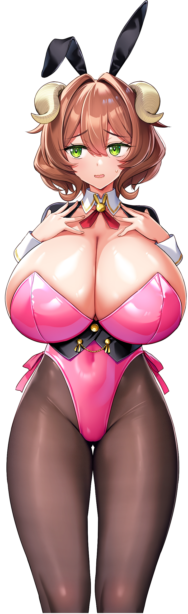 1girl absurdres animal_ear_hairband animal_ears arms_up black_hairband black_vest breasts brown_hair cleavage covered_navel curled_horns curly_hair demon_girl demon_horns derauea detached_collar fake_animal_ears game_cg gluteal_fold green_eyes hair_intakes hairband highleg highres horns huge_breasts leotard light_blush looking_to_the_side maginabeige_blume medium_hair motto!_haramase!_honoo_no_oppai_isekai_oppai_bunny_gakuen! nervous nervous_sweating non-web_source official_art open_mouth pantyhose pink_leotard playboy_bunny rabbit_ear_hairband rabbit_ears solo standing star_(symbol) star_in_eye strapless strapless_leotard sweat sweatdrop symbol_in_eye tachi-e transparent_background vest white_wrist_cuffs wrist_cuffs
