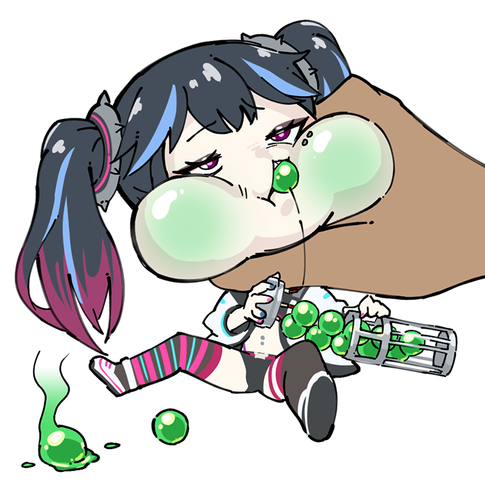 1girl adjusting_clothes aqua_eyes black_hair black_shorts breasts chemical_weapon chibi demon_girl ear_piercing eating expressionless fingernails highleg highleg_panties jacket large_breasts looking_at_another micro_shorts multicolored_hair navel navel_piercing orb panties perit piercing pointy_ears poison pun purple_eyes restrained shiny_skin short_hair shorts simple_background solo standing taimanin_(series) taimanin_rpgx taimanun the_rock_(movie) thighhighs thong trait_connection transparent_background twintails two-tone_hair underwear vx_(nerve_agent) weapon_of_mass_destruction white_jacket