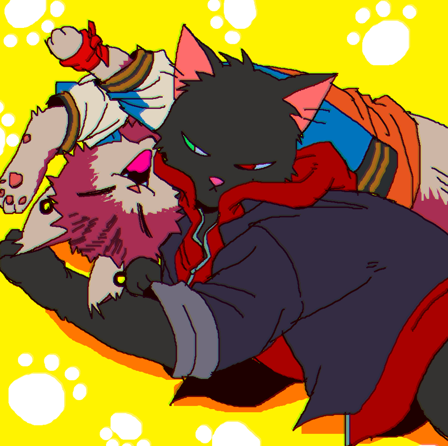 animal animal_focus animalization black_fur cat chromatic_aberration closed_eyes clothed_animal green_eyes happy harai_kuko heterochromia hypnosis_mic iria59 jacket_over_hoodie looking_at_another lying no_humans paw_print paw_print_background pawpads pink_fur red_eyes tabby_cat white_fur yamada_ichiro yellow_background