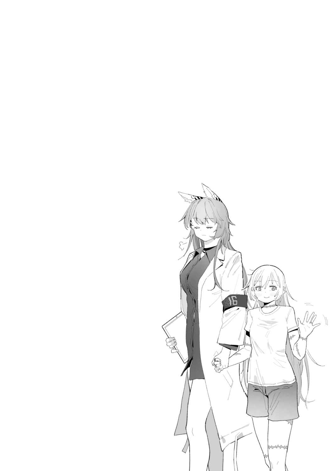 2girls animal_ears armband blush breasts choker closed_eyes feet_out_of_frame girls&#039;_frontline greyscale hand_grab happy height_difference highres holding holding_tablet_pc huqu lab_coat long_hair looking_to_the_side medium_breasts monochrome multiple_girls persica_(girls&#039;_frontline) puff_of_air scar scar_on_arm scar_on_leg scar_on_neck shirt shorts simple_background small_breasts smile t-shirt tablet_pc thunder_(girls&#039;_frontline) very_long_hair walking waving white_background