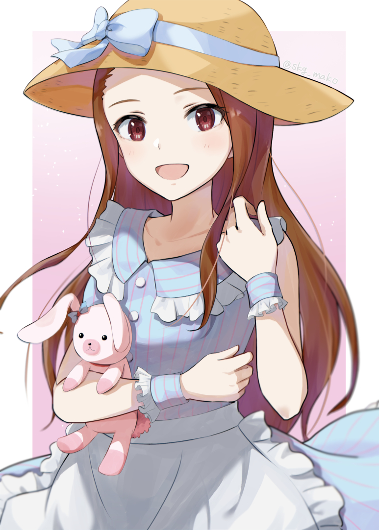 1girl :d apron arm_under_breasts artist_name bare_shoulders blue_bow blue_dress blue_ribbon blue_wrist_cuffs blush bow breasts brown_eyes brown_hair brown_hat collarbone commentary curled_fingers dress frilled_apron frilled_cuffs frilled_dress frills gradient_background hair_slicked_back hair_strand hand_on_own_shoulder hat hat_bow hat_ribbon holding holding_stuffed_toy idolmaster idolmaster_(classic) idolmaster_2 light_blush light_particles long_hair looking_at_viewer minase_iori mogskg open_mouth outside_border pink_background pinstripe_dress pinstripe_pattern ribbon signature sleeveless sleeveless_dress small_breasts smile solo straw_hat striped_clothes striped_dress stuffed_animal stuffed_rabbit stuffed_toy sun_hat twitter_username upper_body usa-chan_(idolmaster) vertical-striped_clothes vertical-striped_dress very_long_hair waist_apron wrist_cuffs