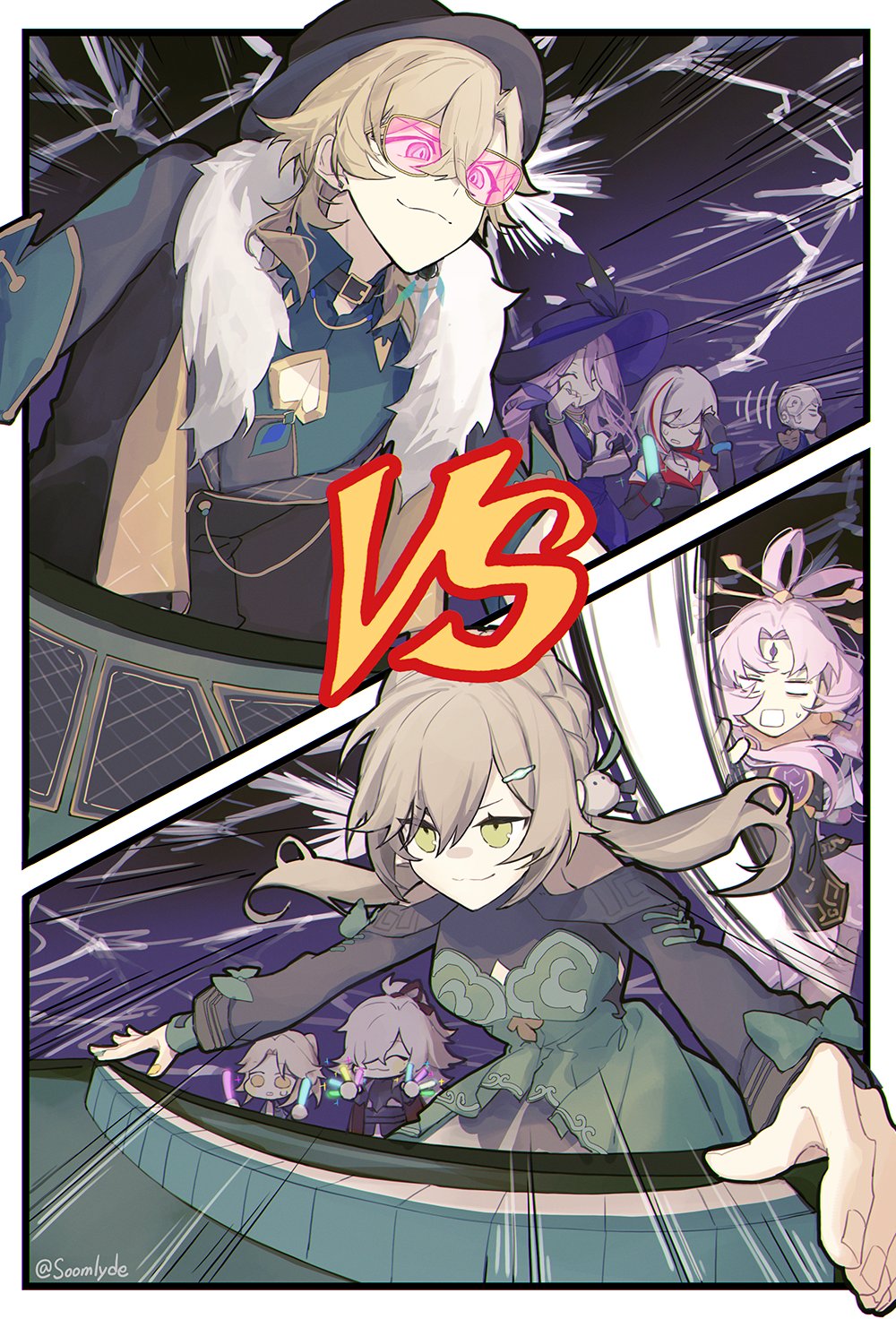4boys 4girls :3 aventurine_(honkai:_star_rail) bare_shoulders bird_hair_ornament black_gloves black_hat black_jacket blank_eyes blonde_hair border bow bow-shaped_hair brown_hair brown_ribbon card cleavage_cutout closed_eyes clothing_cutout commentary commentary_request crossed_bangs dr._ratio_(honkai:_star_rail) dress english_commentary facepalm fingernails forehead_jewel fu_xuan_(honkai:_star_rail) gloves glowstick green_bow green_dress green_eyes green_nails grey_hair hair_between_eyes hair_ornament hair_ribbon hairclip hairpin hand_to_own_mouth hat highres holding holding_glowstick honkai:_star_rail honkai_(series) jacket jade_(honkai:_star_rail) jing_yuan korean_commentary layered_dress lightning_background long_hair long_sleeves looking_at_another mahjong mahjong_tile mixed-language_commentary multicolored_hair multicolored_nails multiple_boys multiple_girls nail_polish nanana184555 outside_border pink-tinted_eyewear pink_hair playing_card poker poker_table ponytail purple_hair qingque_(honkai:_star_rail) ribbon sidelocks slapping streaked_hair sweatdrop table tinted_eyewear topaz_(honkai:_star_rail) upper_body vs walking_away white_border yanqing_(honkai:_star_rail) yellow_nails