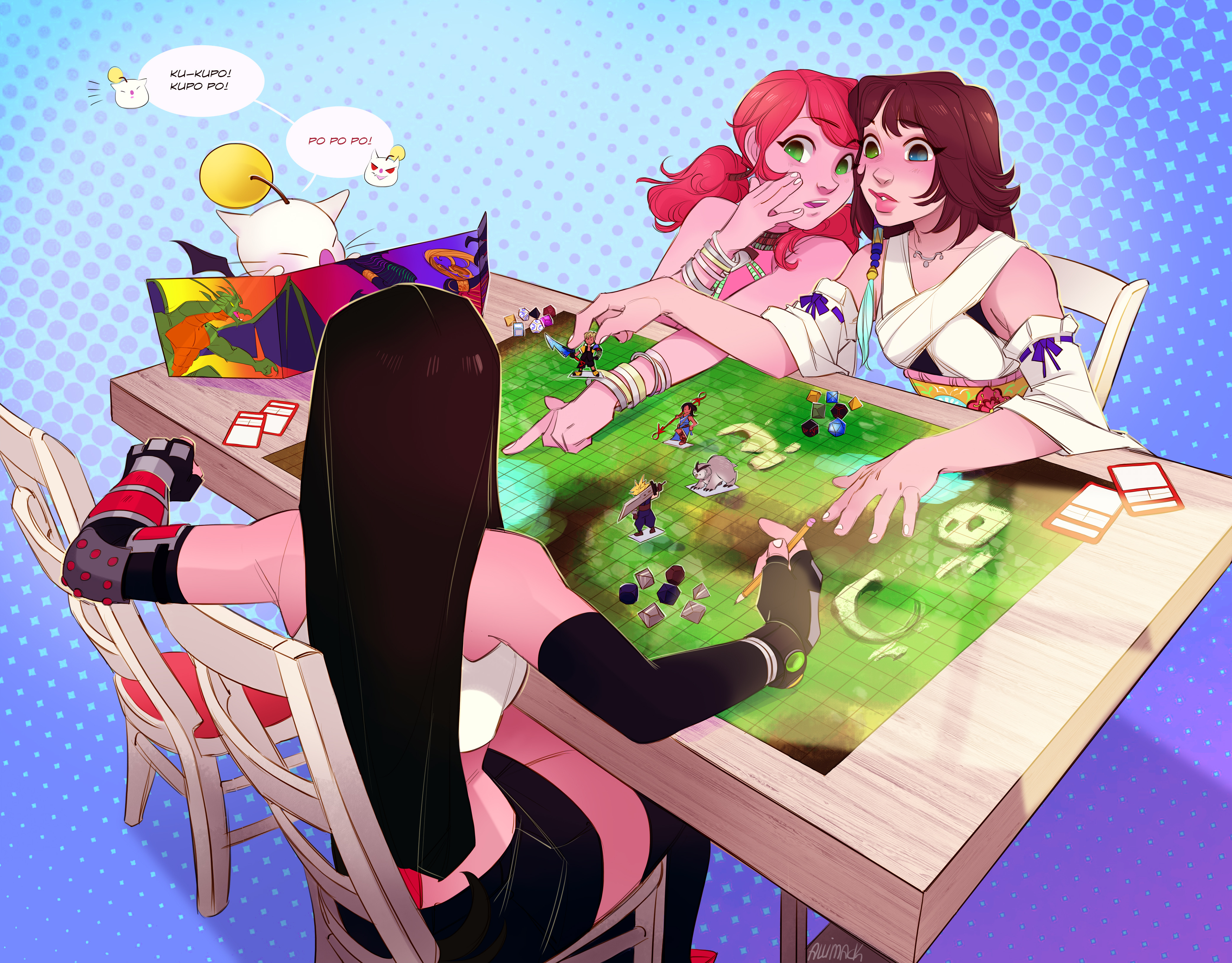 1other 3girls absurdres black_hair board_game bracelet brown_hair chair character_doll cloud_strife detached_sleeves dice dungeons_&_dragons elbow_gloves figure final_fantasy final_fantasy_vii final_fantasy_x final_fantasy_xiii gloves heterochromia highres in-franchise_crossover jewelry long_hair low-tied_long_hair miniature moogle multiple_bracelets multiple_girls oerba_dia_vanille oerba_yun_fang on_chair owlbear playing_games polyhedral_dice red_hair skirtzzz table tabletop_game tabletop_rpg tidus tifa_lockhart twintails yuna_(ff10)