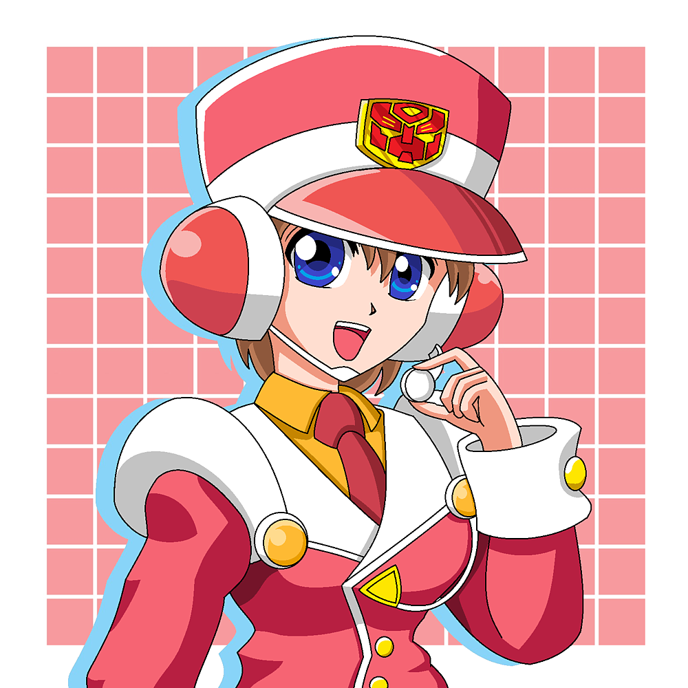 1girl arure blue_eyes breasts brown_hair collared_shirt drop_shadow earpiece grid_background hat jacket looking_at_viewer medium_breasts necktie orange_shirt red_hat red_jacket red_necktie robot_ears shirt short_hair smile solo t-ai_(transformers) transformers transformers_car_robots upper_body
