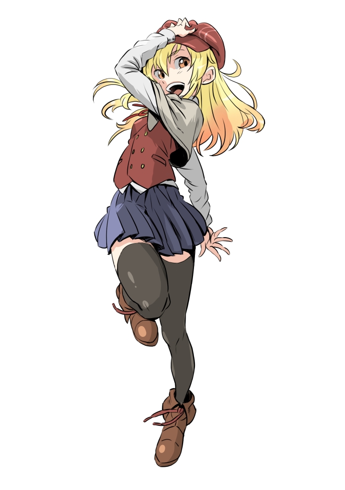 10s 1girl blazer blonde_hair female_focus hat ikkyuu_tensai jacket jitsusan long_hair ryuugajou_nanana_no_maizoukin simple_background sketch skirt solo yellow_eyes