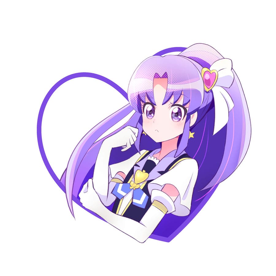 1girl black_vest brooch closed_mouth commentary cure_fortune earrings elbow_gloves emine_mutsu frown gloves hair_ornament hair_ribbon hand_on_own_arm happinesscharge_precure! heart heart_brooch heart_hair_ornament hikawa_iona jewelry long_hair magical_girl neck_ribbon outside_border parted_bangs ponytail precure purple_eyes purple_hair purple_ribbon ribbon shirt short_sleeves solo star_(symbol) star_earrings upper_body vest white_background white_gloves white_ribbon white_shirt