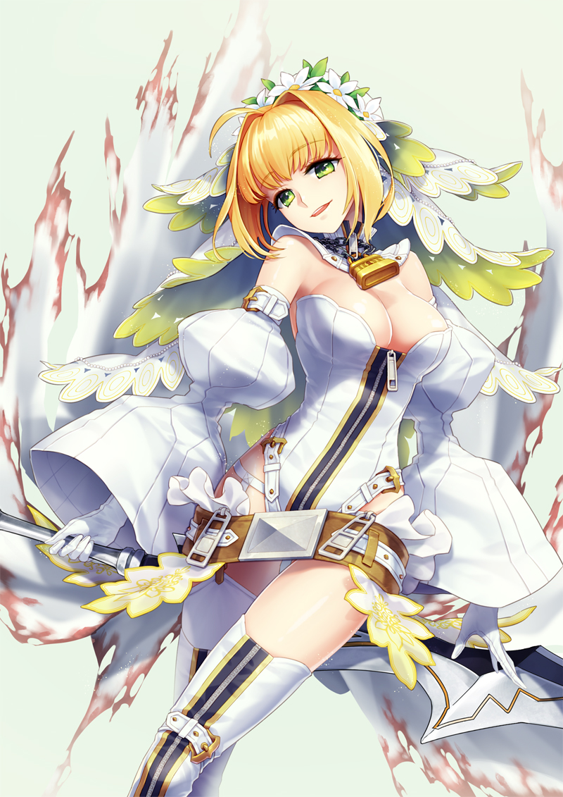 10s 1girl ahoge belt blonde_hair blush breasts center_opening cleavage detached_collar detached_sleeves fate/extra fate/extra_ccc fate/grand_order fate_(series) female_focus flower gloves green_eyes hair_intakes large_breasts leotard lock looking_at_viewer nero_claudius_(bride)_(fate) nero_claudius_(bride)_(second_ascension)_(fate) nero_claudius_(fate) padlock short_hair smile solo thighhighs veil yeruen zipper