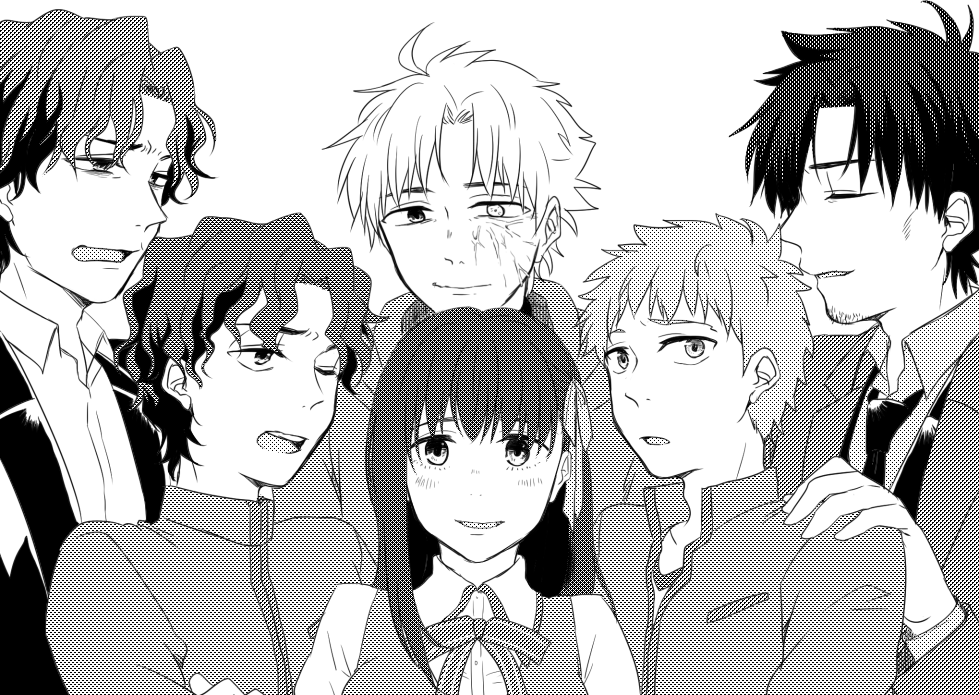 1girl 5boys ahoge brother_and_sister brothers emiya_kiritsugu emiya_shirou fate/stay_night fate/zero fate_(series) father_and_son formal_clothes gakuran greyscale hair_ribbon homurabara_academy_school_uniform hood hoodie long_hair matou_byakuya matou_kariya matou_sakura matou_shinji monochrome multiple_boys raglan_sleeves ribbon ronpaxronpa school_uniform short_hair siblings suit sweater turtleneck turtleneck_sweater uncle_and_niece wavy_hair