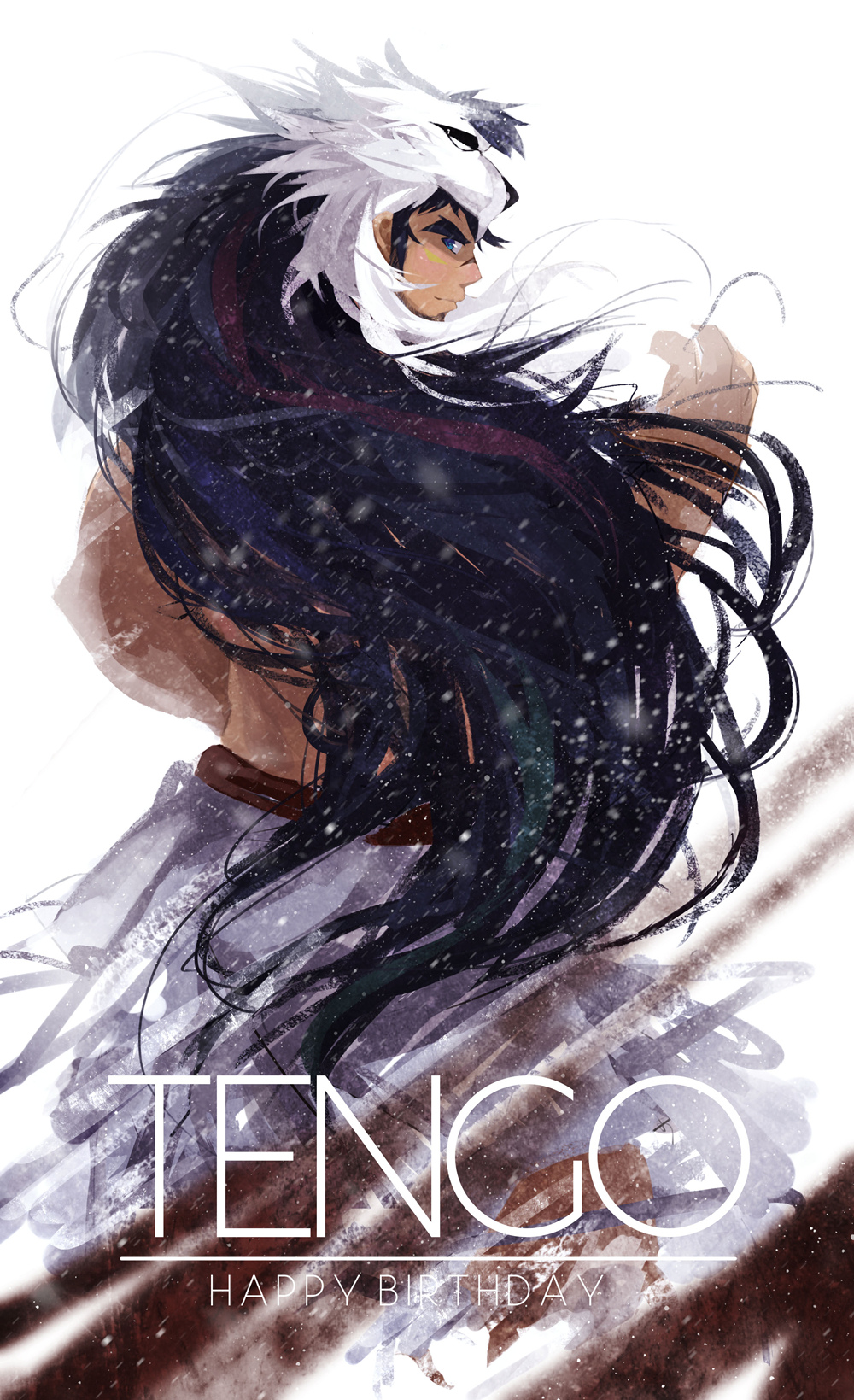 1boy bara boogbogex feet_out_of_frame forked_eyebrows from_behind gift_art happy_birthday highres long_hair long_sideburns looking_at_viewer male_focus mature_male muscular muscular_male original sideburns sideways_glance snowing solo standing thick_eyebrows tribal wolf_hood