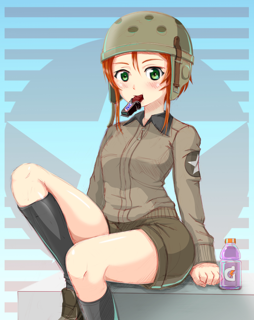 1girl bare_legs black_socks blush breasts brown_footwear brown_shorts candy candy_bar chocolate chocolate_bar clenched_hand eating food food_in_mouth gatorade girls_und_panzer green_eyes grey_jacket hands_on_ground helmet helmet-chan_(girls_und_panzer) highres jacket kneehighs looking_at_viewer orange_hair red_hair saunders_military_uniform sekai_saisoku_no_panda short_hair short_shorts shorts sitting snickers_(brand) socks star_(symbol) tank_helmet thighs