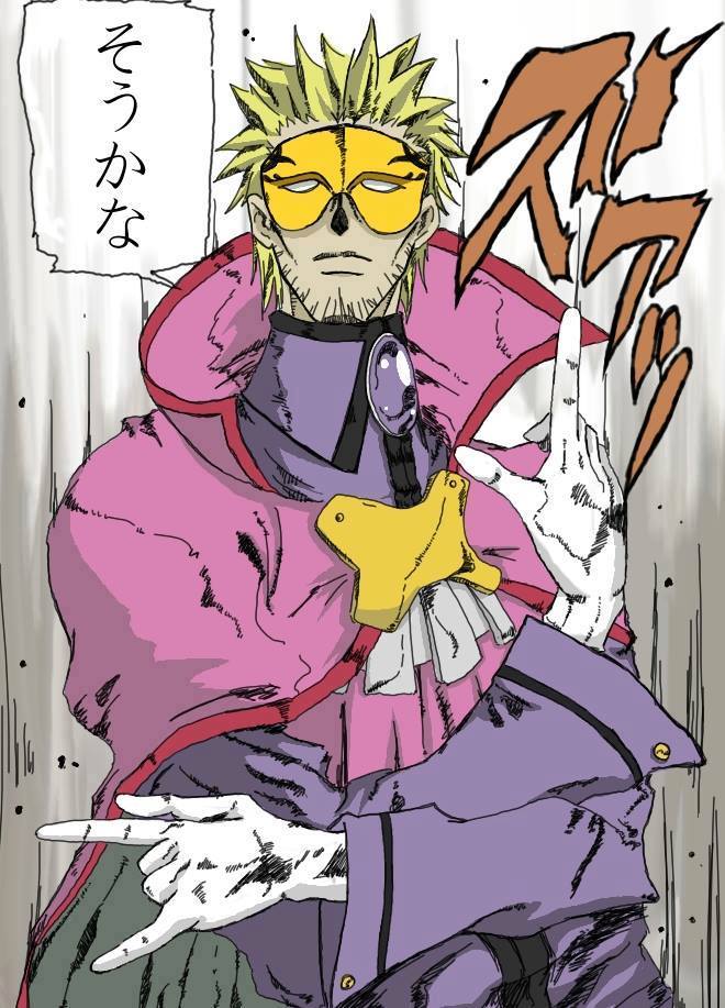 1boy artist_request ascot blazblue blonde_hair cape facial_hair gloves gradient_background jojo_no_kimyou_na_bouken jojo_pose kakyoin_noriaki male_focus mask md5_mismatch parody relius_clover solo stubble