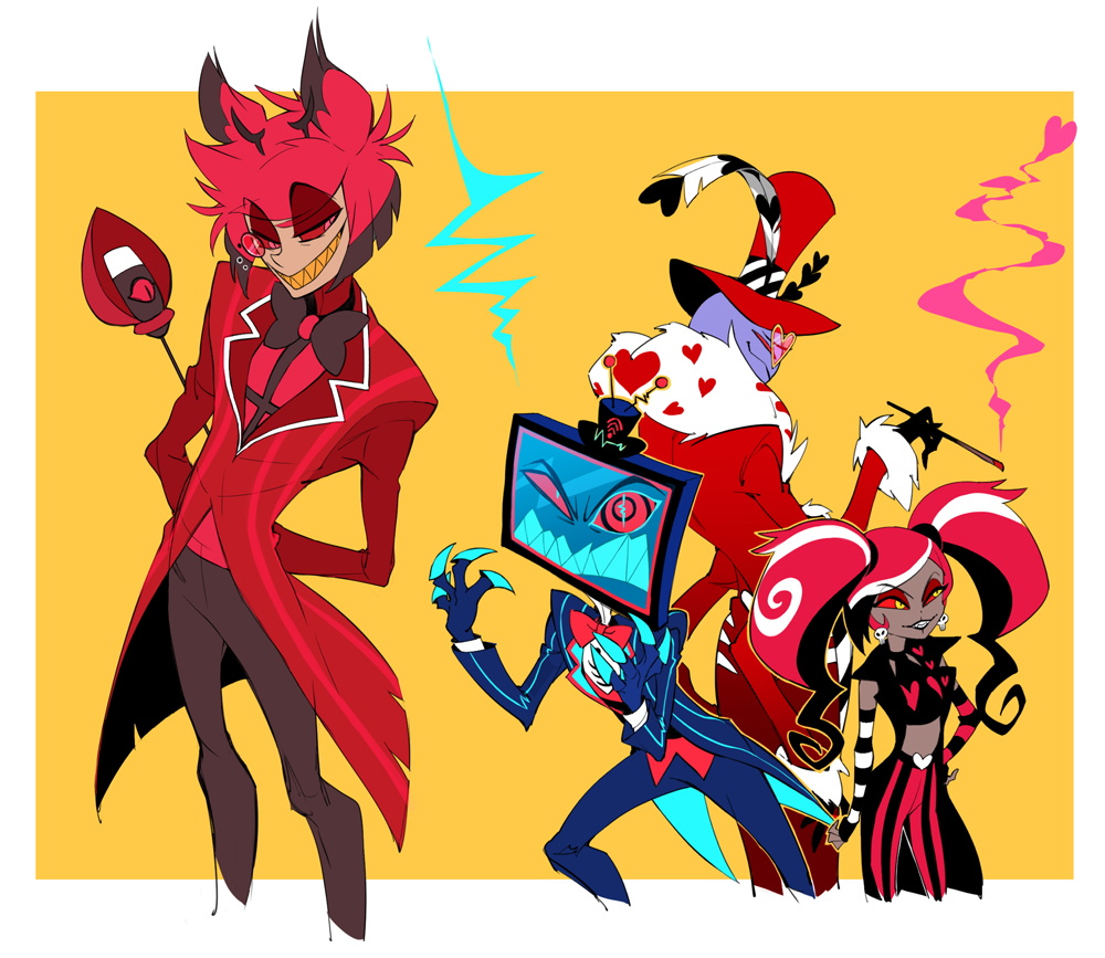 1girl 3boys alastor_(hazbin_hotel) black_bow black_bowtie black_coat bow bowtie cigarette_holder coat colored_sclera cropped_legs earrings fingernails fur-trimmed_coat fur_trim hat hazbin_hotel heart heart-shaped_eyewear holding holding_behind_back holding_microphone_stand jacket jewelry kotobuki_toro microphone_stand monocle multiple_boys object_head pimp rabbit_ears_antenna red-tinted_eyewear red_coat red_hair red_headwear red_jacket red_sclera sharp_fingernails sharp_teeth short_hair skull_earrings smoke smoke_trail striped_sleeves teeth television tinted_eyewear top_hat twintails valentino_(hazbin_hotel) velvette_(hazbin_hotel) vox_(hazbin_hotel) yellow_eyes yellow_teeth