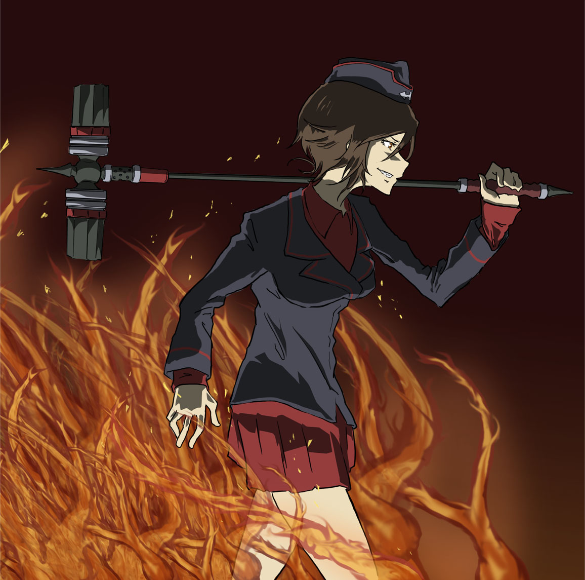 1girl black_background black_hat black_jacket brown_eyes brown_hair commentary dress_shirt evil_grin evil_smile fire from_side garrison_cap girls_und_panzer graf_eisen grin hat holding holding_weapon insignia jacket kuromorimine_military_uniform long_sleeves lyrical_nanoha military military_hat military_uniform miniskirt nishizumi_maho over_shoulder pleated_skirt red_shirt red_skirt run_the_9tails sharp_teeth shirt short_hair skirt smile solo teeth walking weapon wing_collar