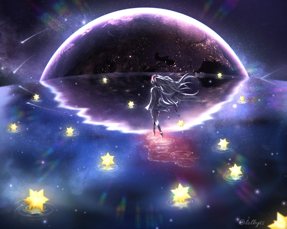 1girl dress earth_(planet) floating_headgear from_behind grey_dress grey_hair horizon landscape lolbyts long_hair luna:_laurel_(pgr) luna_(pgr) mechanical_legs panorama planet punishing:_gray_raven reflection reflective_water shooting_star signature solo standing standing_on_liquid star_(sky) twintails very_long_hair walking walking_on_liquid