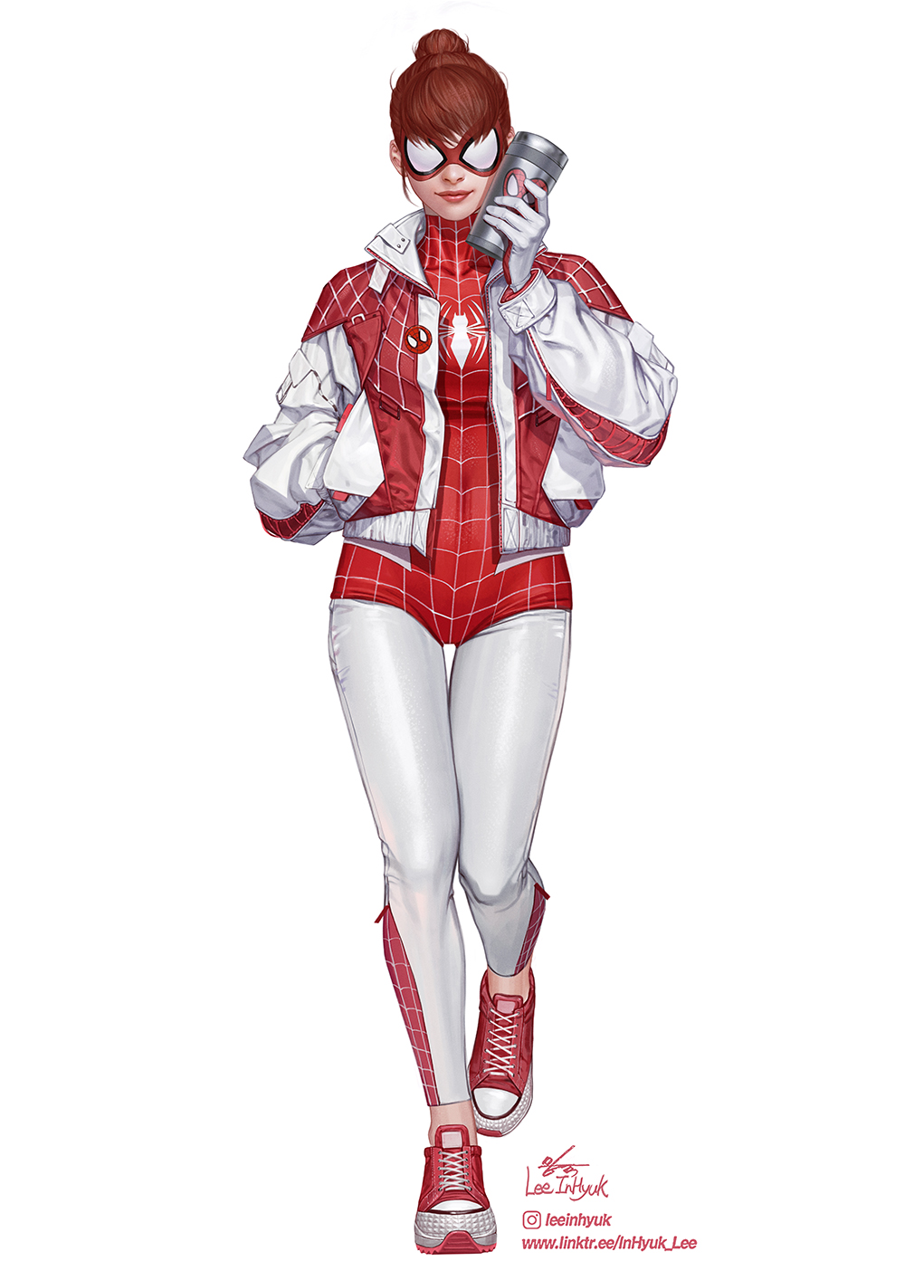 1girl bodysuit brown_hair eye_mask full_body highres holding holding_thermos in-hyuk_lee instagram_logo instagram_username jacket looking_at_viewer marvel mary_jane_watson multicolored_jacket multicolored_shoes open_clothes open_jacket red_bodysuit red_jacket red_shoes shoes signature sneakers solo spider-man_(series) spinneret_(marvel) superhero_costume thermos two-tone_bodysuit two-tone_jacket two-tone_shoes watermark web_address white_bodysuit white_jacket white_shoes
