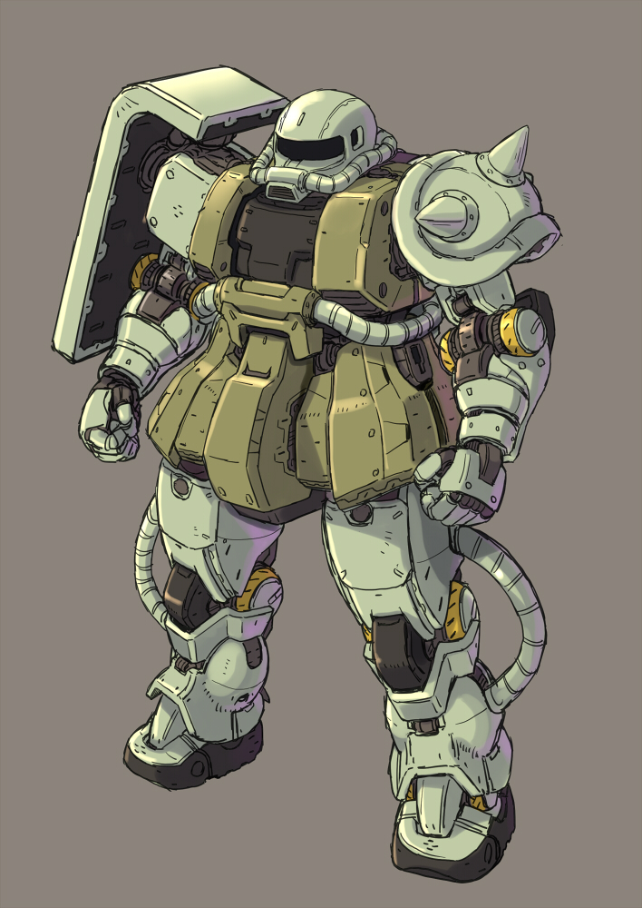 cable commentary_request concept_art gundam hose katahira_masashi machinery mecha mecha_focus mobile_suit mobile_suit_gundam no_humans robot science_fiction shield shoulder_spikes sketch spikes tube zaku_ii zeon