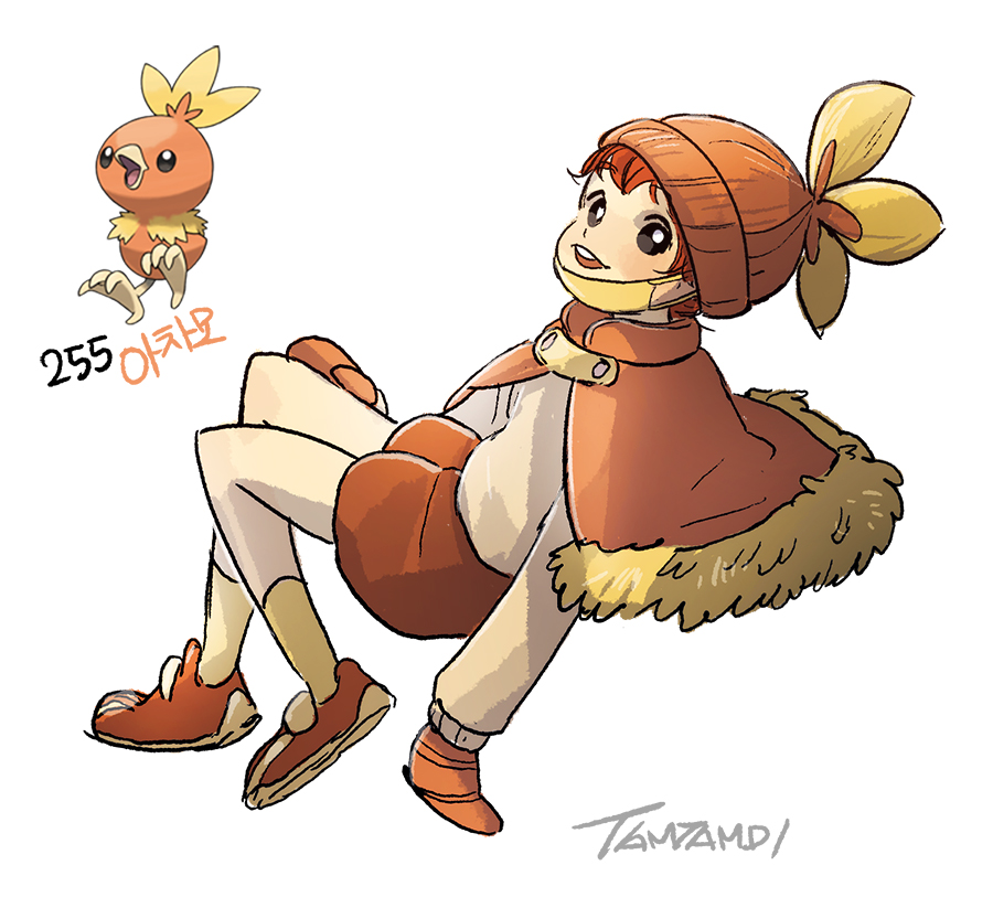 1boy 1girl beanie black_eyes bright_pupils capelet commentary creatures_(company) floating full_body fur-trimmed_capelet fur_trim game_freak gen_3_pokemon hat long_sleeves looking_at_viewer male_focus mittens nintendo open_mouth orange_capelet orange_hair orange_hat orange_mittens orange_shoes orange_shorts personification pokemon pokemon_(creature) reference_inset shirt shoes short_hair shorts signature socks tamtamdi torchic translated white_pupils white_shirt yellow_socks