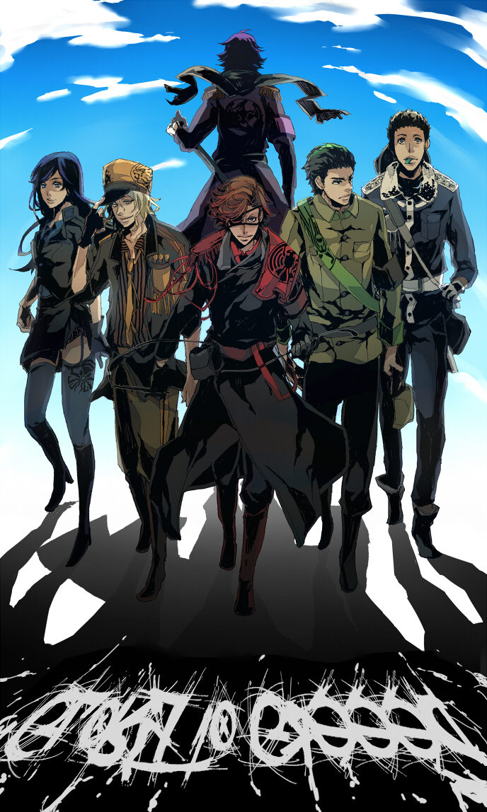 1girl 5boys ankh_(ooo) bad_id bad_pixiv_id black_hair blonde_hair cloak full_body gamel hat hino_eiji kamen_rider kamen_rider_ooo_(series) kazari long_sleeves mezul military military_uniform multiple_boys narukita pants peaked_cap sky standing uva