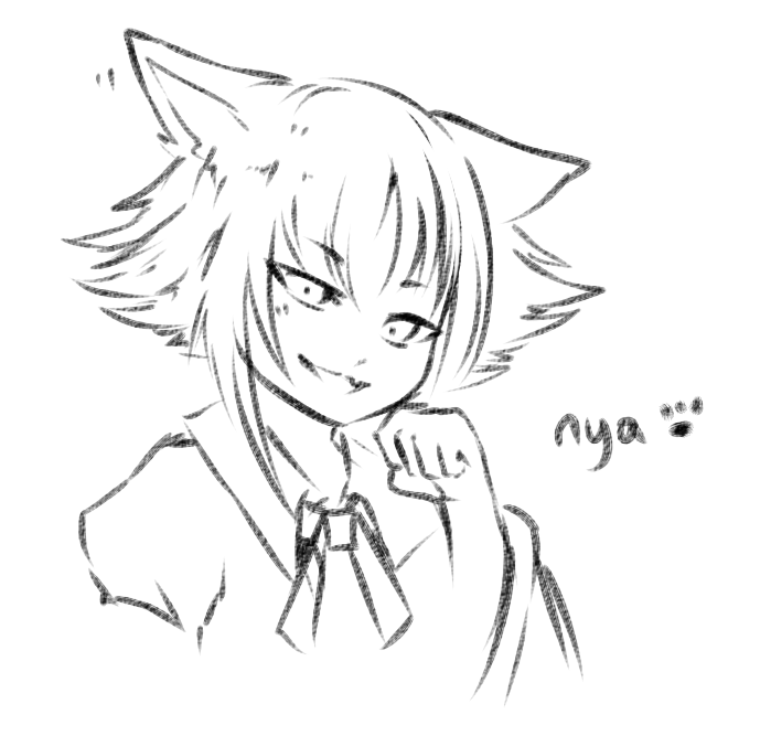 1other androgynous animal_ears ascot bad_id bad_twitter_id cat_ears clenched_hand collared_coat commentary cropped_torso english_commentary fangs houlen_yabusame kemonomimi_mode layered_sleeves len&#039;en long_sleeves looking_at_viewer luo_qiangwei motion_lines open_mouth other_focus paw_pose paw_print puffy_short_sleeves puffy_sleeves romaji_text short_hair_with_long_locks short_over_long_sleeves short_sleeves simple_background sketch smile solo white_background wide_sleeves