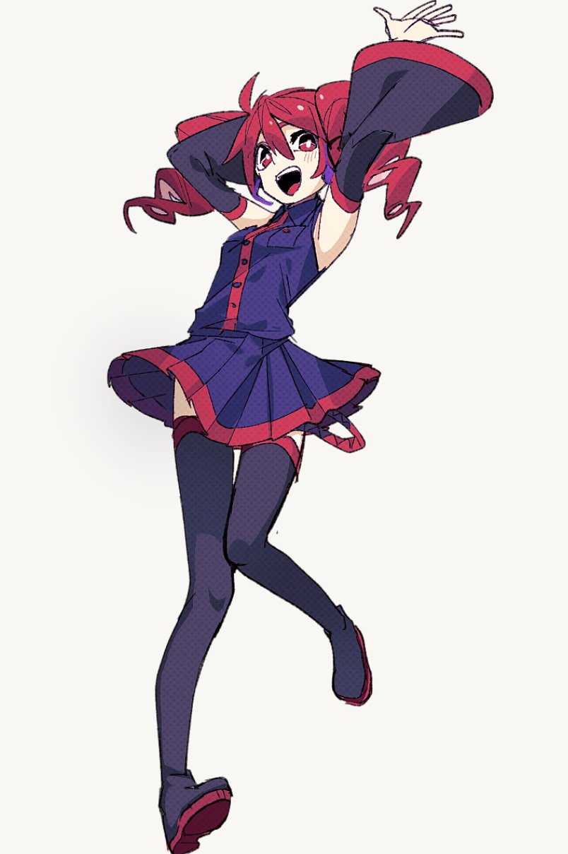 1girl ahoge armpit_crease arms_up black_boots black_skirt black_sleeves black_thighhighs blush boots breast_pocket bright_pupils buttons collared_shirt detached_sleeves drill_hair grey_background hair_between_eyes headphones headset highres kasane_teto kasane_teto_(utau) machigami_yoh microphone open_mouth pleated_skirt pocket red_eyes red_hair shirt simple_background skirt sleeveless sleeveless_shirt solo teeth thigh_boots thighhighs twin_drills upper_teeth_only utau white_pupils wing_collar