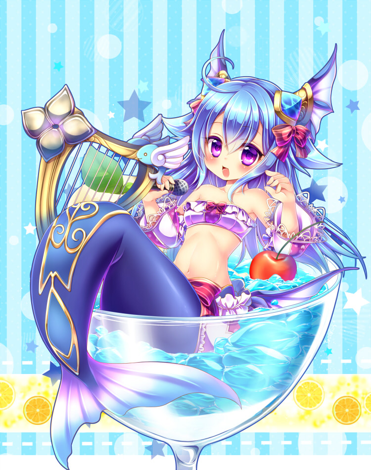 1girl bare_shoulders blue_hair cherry cup emil_chronicle_online food frills fruit hair_ornament harp horns in_container in_cup instrument long_hair lorelei_lore mermaid monster_girl navel open_mouth pink_eyes vanium