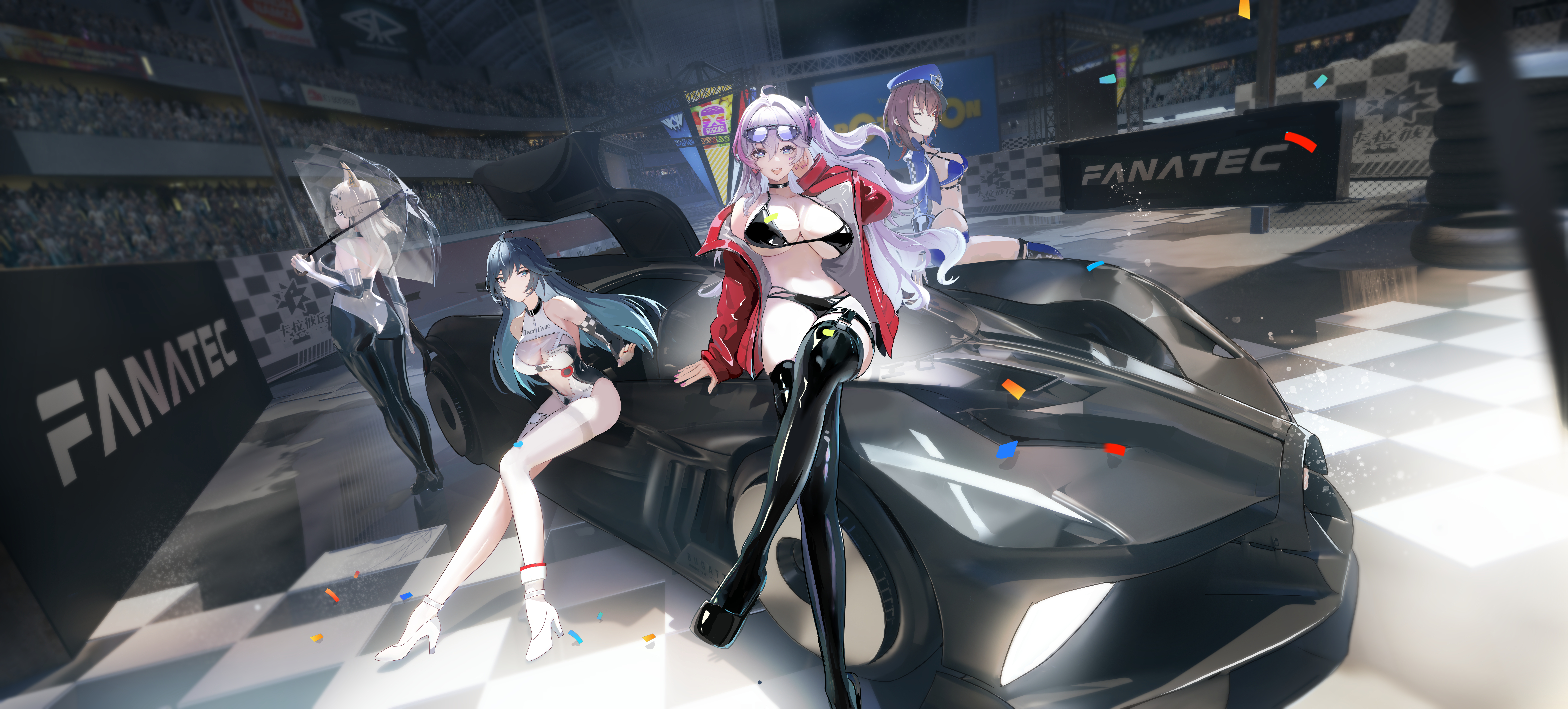 4girls :d absurdres ahoge animal_ears arm_support ass azur_lane back baltimore_(azur_lane) baltimore_(azur_lane)_(cosplay) baltimore_(finish_line_flagbearer)_(azur_lane) bare_shoulders bikini black_bikini black_choker black_leotard black_pantyhose black_thighhighs blue_bikini blue_eyes blue_footwear blue_hair blue_headwear blue_jacket blue_shorts boots breasts brown_eyes brown_hair bugatti car character_request chest_harness choker cleavage closed_mouth clothes_writing collarbone confetti cosplay cosplay_request covered_navel cropped_jacket crossed_legs earrings elbow_gloves eyewear_on_head fingerless_gloves fox_ears full_body genshin_impact gloves hair_between_eyes hand_up harness hat heart heart-shaped_pupils heart_earrings high_heels highleg highleg_bikini highres jacket jewelry kanami_(strinova) large_breasts leotard long_hair looking_at_viewer looking_to_the_side micro_shorts mismatched_bikini motor_vehicle multi-strapped_bikini_bottom multi-strapped_bikini_top multicolored_hair multicolored_leotard multiple_girls name_tag navel on_car one_eye_closed open_mouth pantyhose partially_fingerless_gloves peaked_cap pink_hair race_queen red_jacket see-through_cleavage see-through_clothes shadow shenhe_(genshin_impact) shenhe_(genshin_impact)_(cosplay) short_hair shorts side_ponytail sidelocks sitting smile standing stomach strinova sunglasses swimsuit symbol-shaped_pupils taihou_(azur_lane) taihou_(azur_lane)_(cosplay) taihou_(enraptured_companion)_(azur_lane) teeth thigh_boots thigh_strap thighband_pantyhose thighhighs transparent transparent_umbrella two-tone_hair two-tone_leotard umbrella underbust upper_teeth_only white_footwear white_gloves white_hair white_leotard white_pantyhose yuyiosang