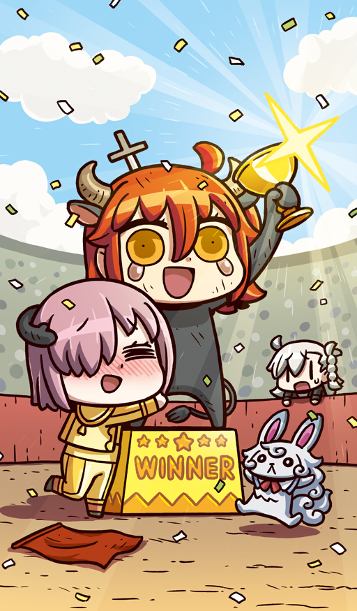 3girls :d =_= ahoge animal_costume animal_ears arm_above_head blue_sky blush braid bull chibi chibi_only chinese_zodiac cloud commentary confetti cow_costume cow_ears cow_horns cow_tail creature crying crying_with_eyes_open d: day dirty dirty_face english_text fake_animal_ears fate/grand_order fate_(series) fou_(fate) fujimaru_ritsuka_(female) hair_between_eyes hair_over_one_eye holding holy_grail_(fate) horns hugging_another&#039;s_leg jacket knife_in_head knifed leg_up long_hair mash_kyrielight matador medium_hair mexican_clothes muleta multiple_girls object_through_head official_art olga_marie_animusphere one_eye_covered open_mouth orange_eyes orange_hair pants pink_hair riyo_(lyomsnpmp) shirt short_hair sky smile sparkle sunlight sweatdrop tail tears third-party_source white_hair year_of_the_ox yellow_jacket yellow_pants yellow_shirt yuri |_|