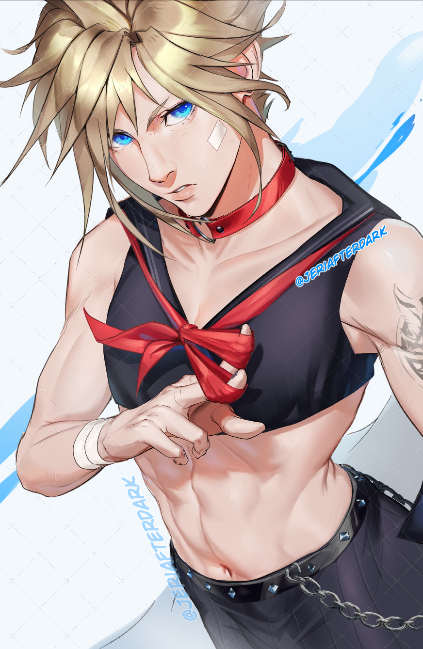 1boy abs arm_tattoo bandaged_wrist bandages bandaid bandaid_on_cheek bandaid_on_face bare_shoulders belly_chain belt black_belt black_shirt black_skirt blonde_hair blue_eyes choker cloud_strife collarbone commentary crop_top crossdressing delinquent earrings english_commentary fenrir_(final_fantasy) final_fantasy final_fantasy_vii final_fantasy_vii_ever_crisis heart heart_choker highres jeriafterdark jewelry male_focus midriff neckerchief red_neckerchief school_uniform shirt short_hair single_earring skirt sleeveless sleeveless_shirt solo spiked_hair studded_belt sukeban tattoo twitter_username upper_body
